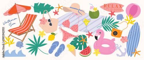 Summer beach doodle vector set with deck chair, bikini, flamingo float, surfboard, camera, umbrella, tropical leaves and vacation accessories. Hand drawn summer illustration for poster and banner.
