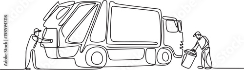 continuous single line drawing of garbage truck and garbage collector with garbage can, garbage collection concept. one line Icon drawing