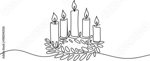 continuous single line drawing of advent wreath with four candles burning, christmas concept. one line Icon drawing
