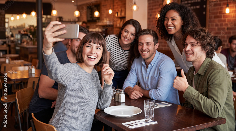 Fototapeta premium Diverse friends taking selfie in restaurant, happy young people group posing for photo in cafe, smiling multiracial adults enjoying social gathering