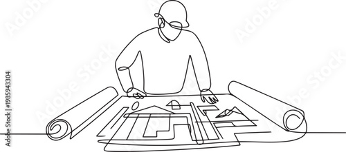 continuous single line drawing of civil engineer or architect with constructions plans. one line Icon drawing