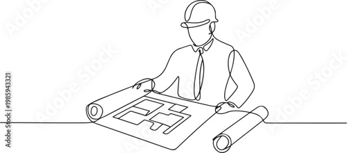 continuous single line drawing of civil engineer or architect with constructions plans. one line Icon drawing
