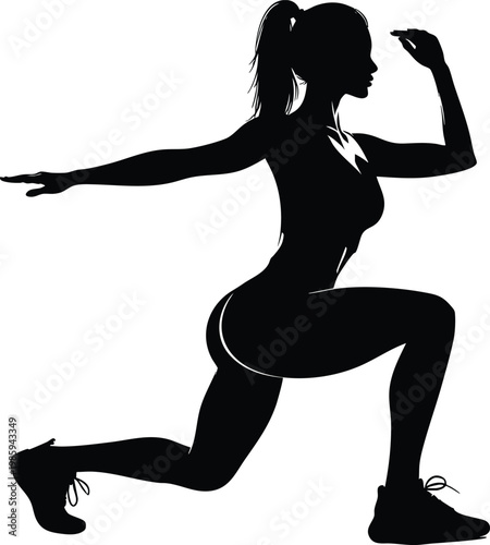 Silhouette of a woman performing a lunge exercise dynamic fitness pose for health and wellness concepts isolated on white background