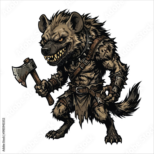 Fierce Hyena Warrior with Axe Illustration, Ready for Battle in a Dark Fantasy Setting