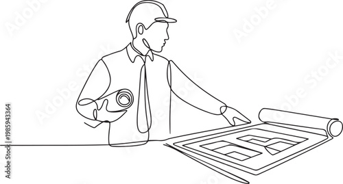 continuous single line drawing of civil engineer or architect with constructions plans. one line Icon drawing