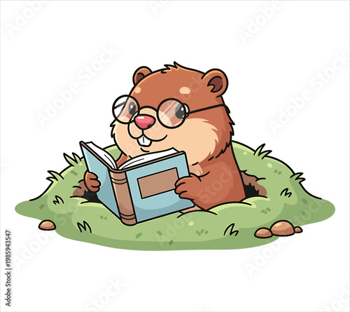 Groundhog wearing glasses reading a book in a hole