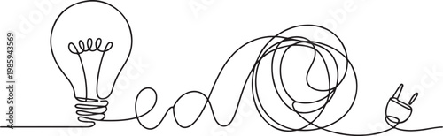 continuous single line drawing of light bulb with tangled cord, line art vector illustration. one line Icon drawing