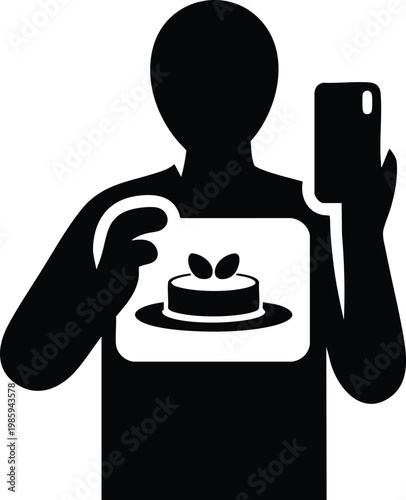 Silhouette of a person holding a smartphone displaying a dessert icon representing food photography and social media sharing isolated on white