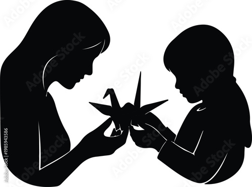 Silhouette of mother and child holding an origami crane vector design