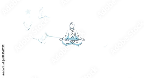 Meditating woman, yoga pose, lotus position, celestial background, vector illustration