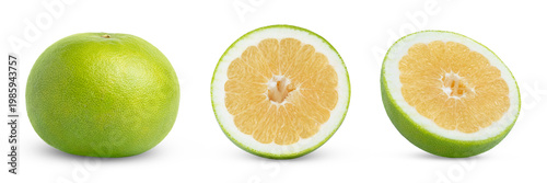 Φωτογραφία Citrus sweetie grapefruit fruit and half of green pomelo, pomelit or Oroblanco citrus fruits collection isolated