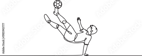Single continuous line drawing of young talented football player shooting the ball with bicycle kick technique. one line Icon drawing