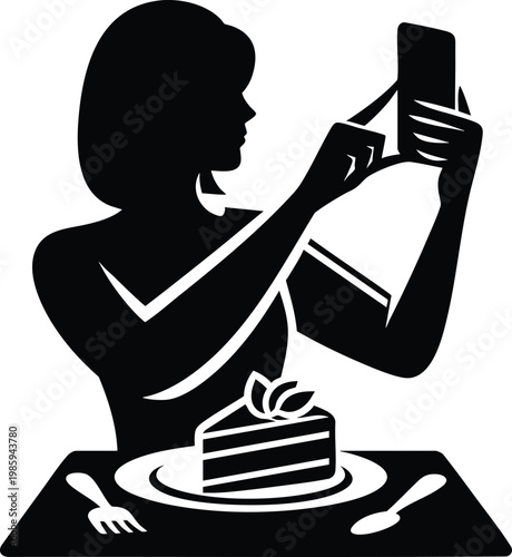 Woman taking photo of cake with smartphone silhouette illustration for food blogging and social media sharing isolated on white