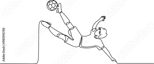 Single continuous line drawing of young talented football player shooting the ball with bicycle kick technique. one line Icon drawing