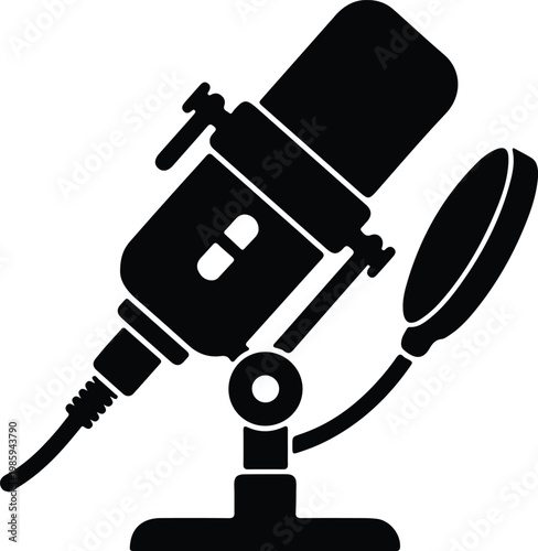 Silhouette of professional studio microphone with pop filter vector design