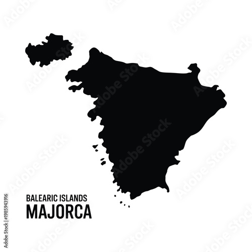 A stark black silhouette depicts the island of majorca and surrounding balearic islands in spain