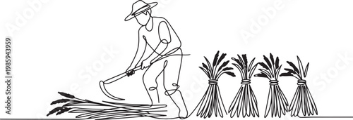 Single one line drawing of young male farmer was harvesting rice and there was also rice that had been tied up. one line Icon drawing