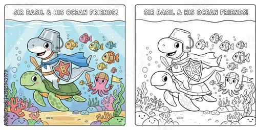 Sir Basil the Shark Knight Riding a Turtle with Octopus Pal and Fish Friends in a Vibrant Underwater Ocean Scene
