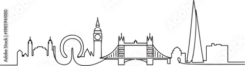 One continuous line drawing of London city skyline. Beautiful city skyscraper. World landscape tourism travel vacation home wall decor poster print concept. one line Icon drawing