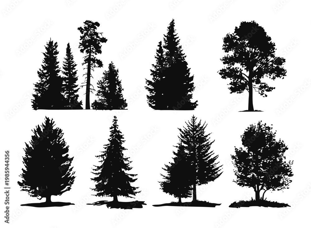 Obraz premium Set silhouettes of different types of trees are arranged in eight panels. Each panel shows a unique shape and size. The trees appear in black against a white background