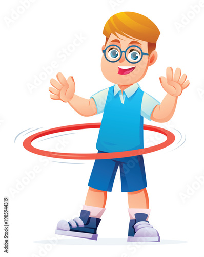 Happy boy with glasses playing with hula hoop. Vector cartoon character illustration