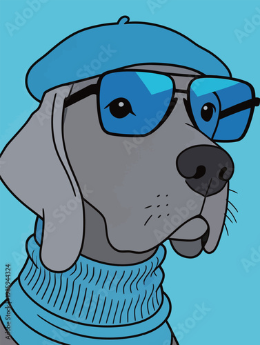Stylish Grey Dog Wearing Blue Beret and Glasses