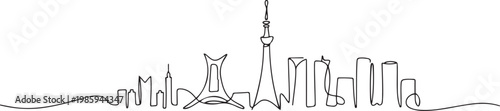 Single continuous line drawing of Tokyo city skyline, Japan. Famous city scraper and landscape. World travel concept. one line Icon drawing