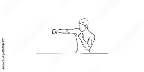 Continuous line drawing of a man in a yoga pose on white background with one leg bent