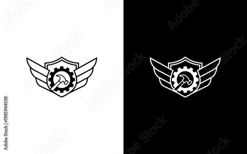 Industrial Repair Service Logo, Hammer with Gear and Shield Emblem, Wings Construction Workshop Vector Illustration