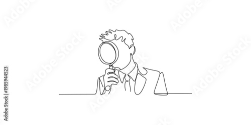 Continuous line drawing of a man holding a magnifying glass up to his face in a thoughtful pose isolated on white background