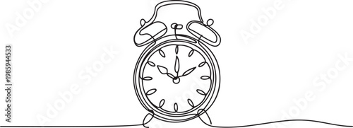 Alarm Clock Continuous Line Drawing with Editable Stroke, Stopwatch Continuous Line Icon, Continuous one line drawing of vintage alarm clock vector design. one line Icon drawing
