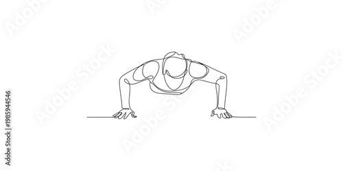 Continuous line drawing of a man doing pushups on a white background in a fitness concept
