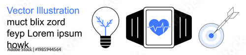 Technology, health monitoring, innovation, goal setting, creativity, progress. A smartwatch with a heart icon, a light bulb and a target with an arrow. Health monitoring and innovation concept