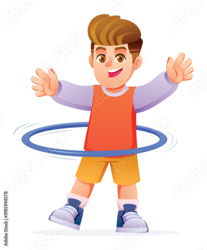 Smiling boy enjoying hula hoop activity with arms raised. Vector cartoon character illustration