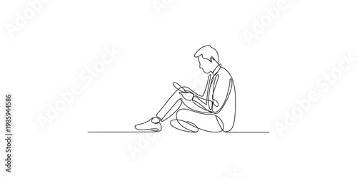 Continuous line drawing of a man sitting on the floor and using a smartphone in a simple style