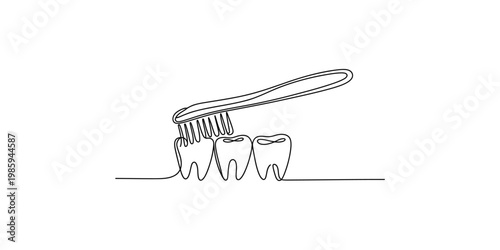 Continuous line drawing of a toothbrush brushing three teeth on white background