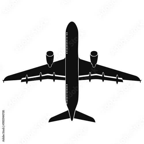 vector silhouette airplane is shown from above in a black silhouette against a white background, focusing on wings and engines. design highlights the structure of plane