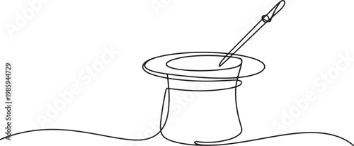 Single continuous line drawing magic hat and wand that a magician needs for a magic show. Two tools that are always there in every magician. one line Icon drawing