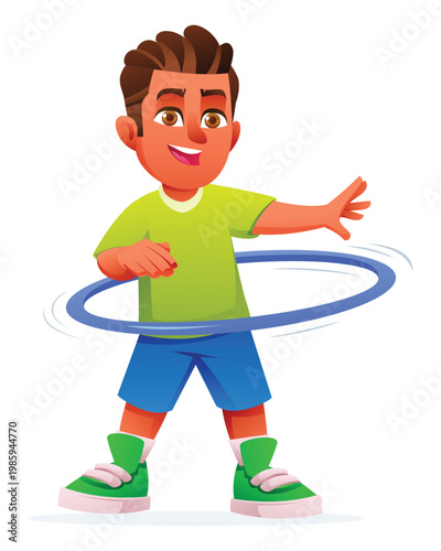 Young boy focused on spinning a hula hoop outdoors. Vector cartoon character illustration