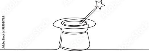 Single continuous line drawing magic hat and wand that a magician needs for a magic show. Two tools that are always there in every magician. one line Icon drawing