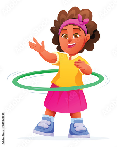 Happy girl with curly hair and headband playing with hula hoop. Vector cartoon character illustration