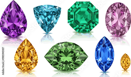 Colorful Gemstone Icon Set Featuring Ruby, Emerald, Sapphire, Amethyst, and Diamond for Jewelry, Luxury, and Precious Stone Illustrations