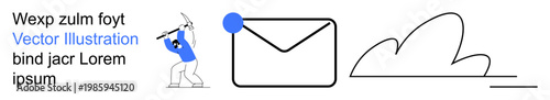 Email communication, data storage, technology tools, cloud services, digital messaging, teamwork. A person swinging an axe, envelope icon and cloud outline. Email communication and data storage