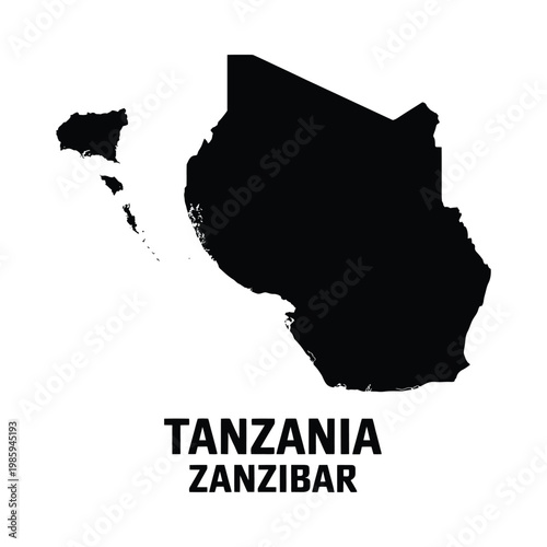 A black silhouette depicts the geographical shape of Tanzania and Zanzibar with the country s name labeled
