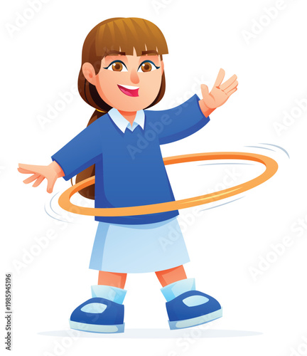 Smiling girl spinning a hula hoop with her arms open. Vector cartoon character illustration