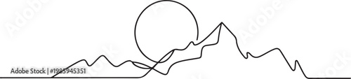 Continuous line drawing of sun and mountain range landscape background, Rocky peaks in simple linear style. one line Icon drawing