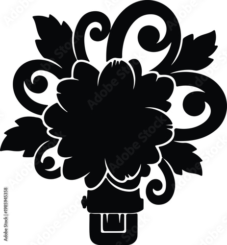 Silhouette stylized decorative floral bouquet ornament with swirls and leaves vector design