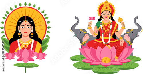 Hindu Goddess Icon Set Featuring Goddess Lakshmi with Lotus and Elephants for Spiritual and Religious Designs