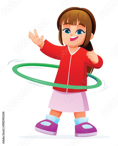 Little girl playing with hula hoop. Vector cartoon character illustration