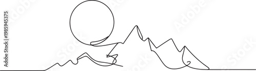 Continuous line drawing of sun and mountain range landscape background, Rocky peaks in simple linear style. one line Icon drawing